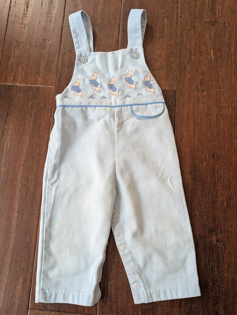 Vintage 1970s? 1980s? Peter Rabbit Pastel Blue Overalls Pants Embroidered Easter